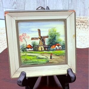 Vintage Framed Miniature Hand Painted Tile Windmill Holland Dutch Decor